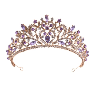 Elegant gold baroque bridal crown with purple rhinestones for weddings and parties