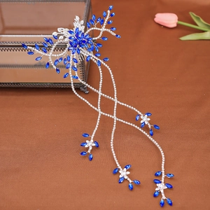Exquisite bridal hair comb with royal blue rhinestones and long tassels for weddings