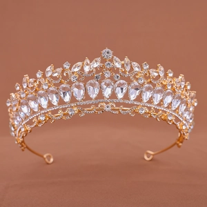 Luxurious gold bridal crown with brilliant rhinestones for weddings and pageants