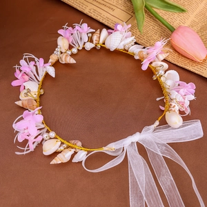 Handmade shell and pearl bridal headband with pink flowers and white organza ribbon