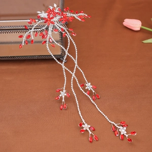 Silver bridal hair comb with red rhinestones, leaf patterns and long tassel fringes