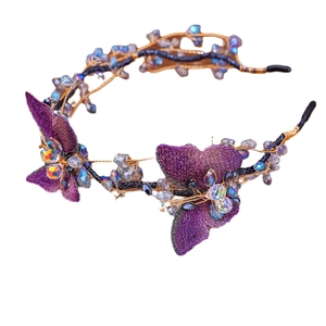 Handmade crystal butterfly mesh headband with purple fabric and gold wire accents