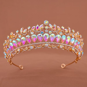 Elegant gold bridal tiara with sparkling AB rhinestones and teardrop crystals