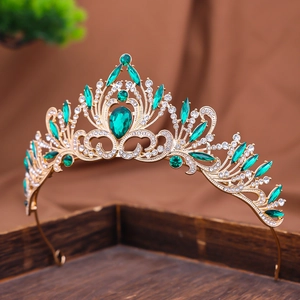 Luxury European baroque bridal crown with emerald green crystals and white rhinestones