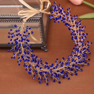 Handmade blue crystal beaded headband with gold wire and satin ribbons for bridal hair