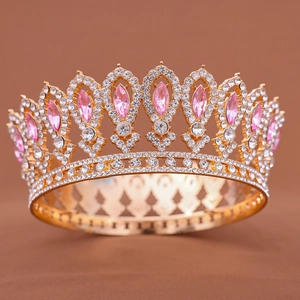 Baroque bridal crown with pink marquise crystals and white rhinestones in gold finish