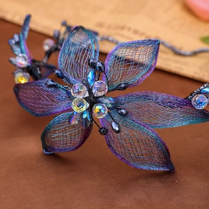 Elegant handmade crystal floral headband with blue-purple metal wire weaving for brides