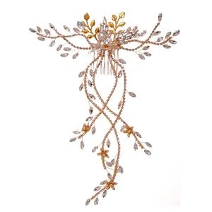 Elegant bridal hair comb with golden leaves and sparkling rhinestone tassels for wedding dress