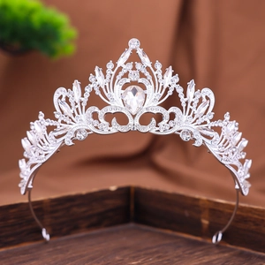 Baroque silver bridal crown with rhinestones and pear-shaped crystal centerpiece