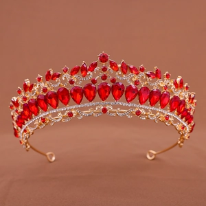 Baroque vintage bridal crown with gold alloy base and large red teardrop crystals