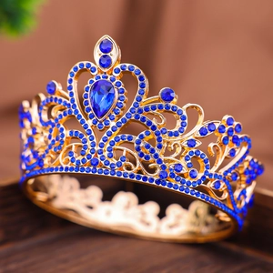 Corona barocca dorata per donna con strass blu scintillanti e pietra centrale a goccia