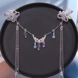 Ancient style purple butterfly hair jewelry set with pearls and long tassels for women