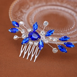 Peigne à cheveux de mariée argenté avec strass bleu foncé et cristaux de mariage