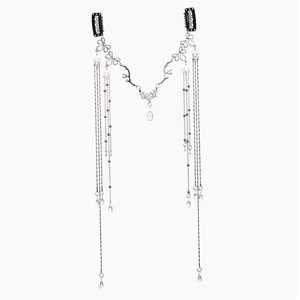 Exotic silver butterfly hair chain with long beaded tassels and water drop pendants