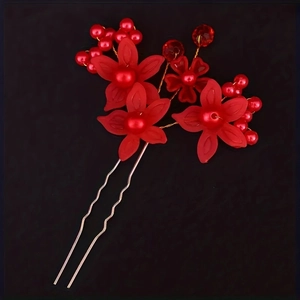 Spilla per capelli da sposa con fiori rossi, perle e cristalli su base dorata a U