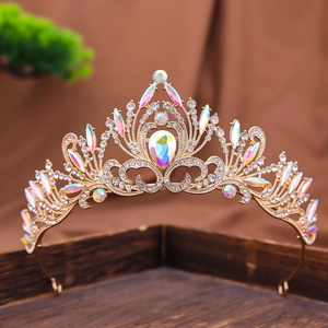 Luxury gold Baroque bridal crown with crystals and AB gemstones for weddings and proms