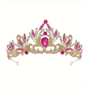 Baroque bridal crown with pink teardrop crystal and sparkling rhinestones on gold base