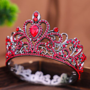 Corona da sposa barocca vintage con strass rosso scuro e gemma di cristallo a goccia