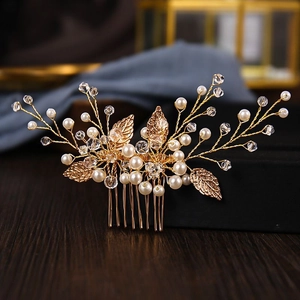 Elegante pettine per capelli da sposa dorato con perle e cristalli per matrimoni