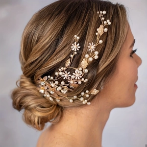Handmade Gold Leaf Flower Bridal Hair Vine With Faux Artificial Pearls Rhinestones Elegant Wedding Headpiece For Women Hair Accessories