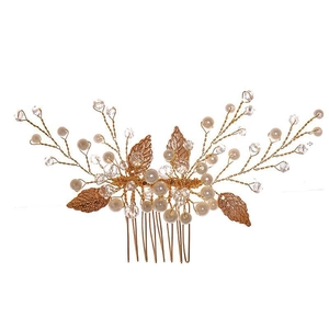 Pettine per capelli da sposa con foglie dorate, perle bianche e cristalli lucenti