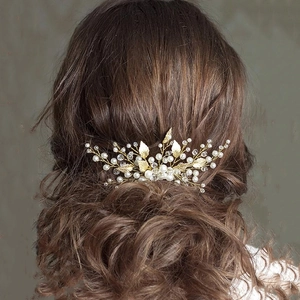 Pettine per Capelli da Sposa a Foglia Fatto a Mano Con Künstliche Perle e Cristalli Accessori per Capelli Oro in Lega per Matrimonio