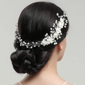 Handmade Bridal Hair Comb White Resin Flower Imitation Artificial Pearl Rhinestone Silver Wire Hair Vine Wedding Headpiece For Women