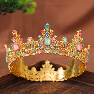 Luxury vintage crown with colorful gems and gold alloy floral filigree for party