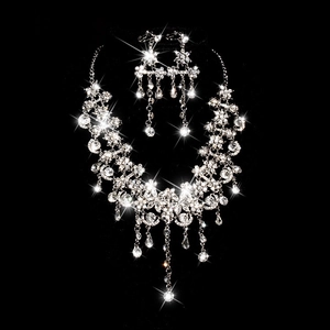 Detailed macro of sparkling silver bridal necklace and earring set with floral crystal patterns