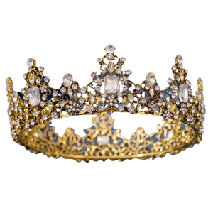 Vintage gold crown tiara with intricate filigree and crystal rhinestones for pageants