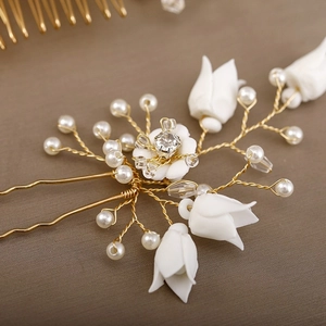 Handmade gold flower hair pin with white tulips and pearls for bridal wedding hairstyles