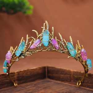 Detailed close-up of golden branch crown with blue and purple natural raw stones
