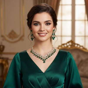 Elegant emerald bridal jewelry set with V-shaped necklace and drop earrings on a model