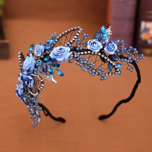 Squisito cerchietto di cristalli blu con fiori fatti a mano e intreccio di metallo