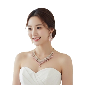 Exquisite bridal jewelry set with pink gemstones and V-shaped necklace plus earrings