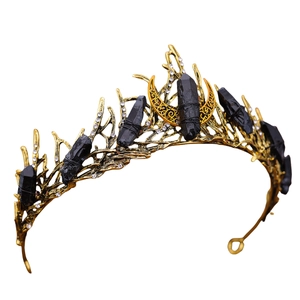 Gothic gold branch tiara with black crystals and moon detail for bridal hair styling