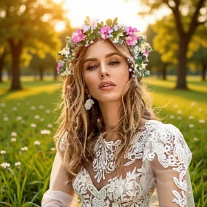 Boho Artificial Flower Crown Headband With Faux Artificial Pearl Accents Floral Hair Wreath For Wedding Bridal Photography Travel Women Accessories