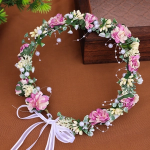 Bohemian bridal flower wreath headband with pink roses, white berries and organza ribbon