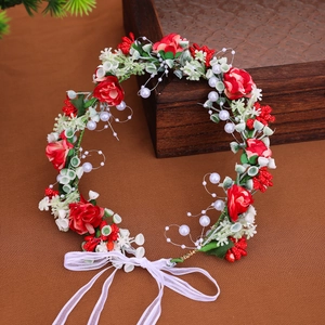 Floral bridal headpiece with red roses, pearls and white ribbons in vintage style