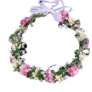 Pink and white floral bridal wreath headband with green leaves and pearls for wedding photography