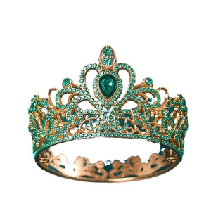 Corona regale vintage dorata con strass verdi e pietre preziose color smeraldo