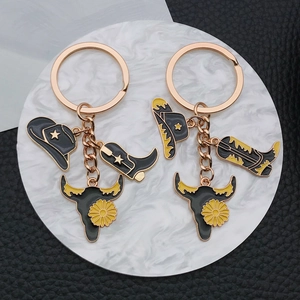 Western Cowboy Style Keychain Zinc Alloy Enamel Drip Oil Hat Boots Bull Head Sunflower Pendant Bag Hanging Jewelry