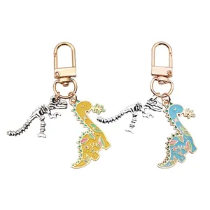 Creative cartoon dinosaur alloy keychain with blue and yellow enamel charms and gold lobster clasp