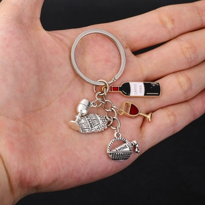Creative wine themed keychain set featuring silver alloy bottle, glass and barrel charms