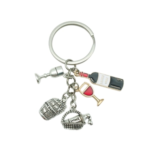 French red wine themed metal keychain with wine bottle and glass charms for gift