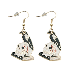 Gothic Emaille-Ohrringe mit schwarzem Raben, weißem Totenkopf und Zauberbuch-Motiv