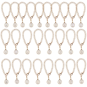 Set of 26 alphabet letter cup charms with lobster clasp in gold finish on white background
