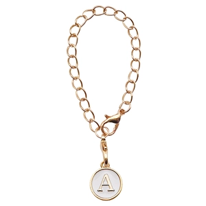 Gold chain accessory with lobster clasp and round white pendant featuring letter A