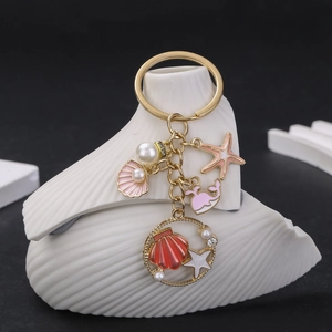 Ocean Theme Enamel Keychain Sea Creature Starfish Shell Whale Mermaid Faux Artificial Pearl Zinc Alloy Keyring For Women Bag Charm