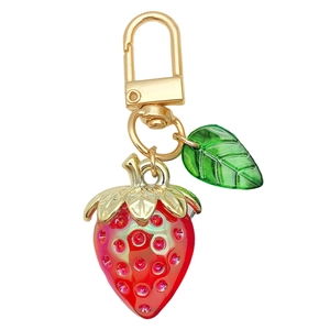 Cute strawberry bag charm with red crystals and gold lobster clasp keychain